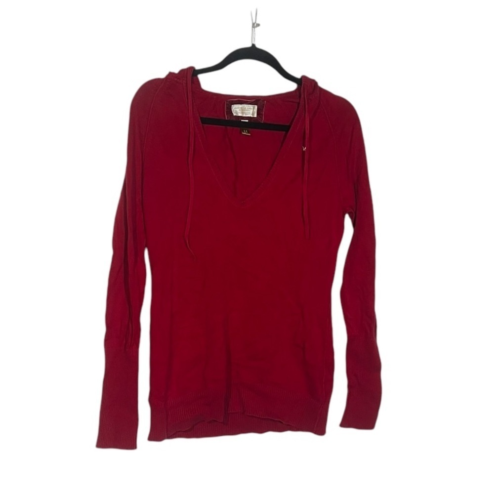 American Eagle Hooded V-Neck Sweater Red Size Large Gold Logo